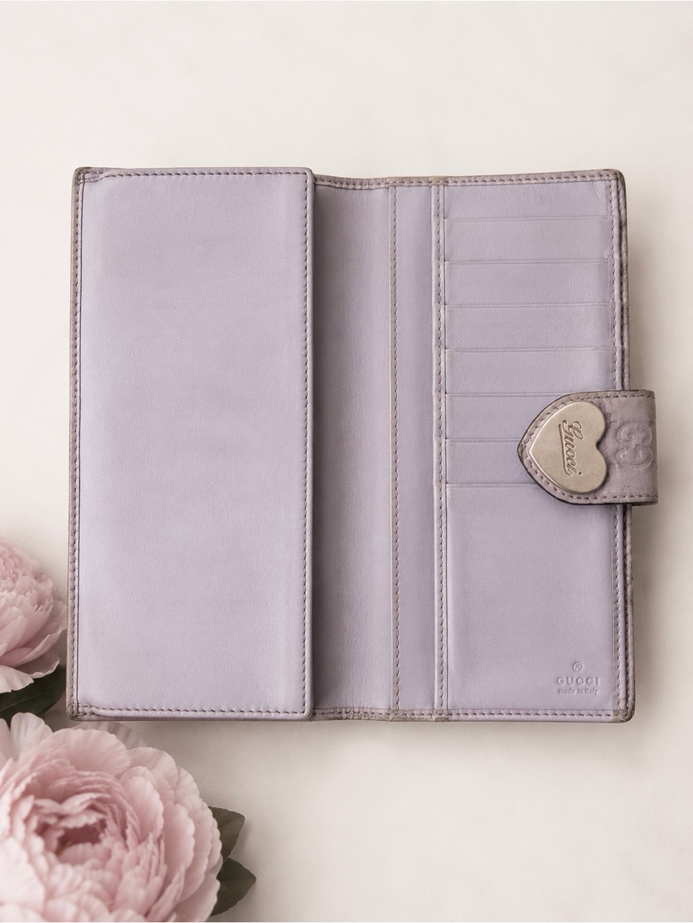 Gucci Guccissima Heart Logo Lavender Leather Long Wallet Authentic Vintage - Picture 4 of 9